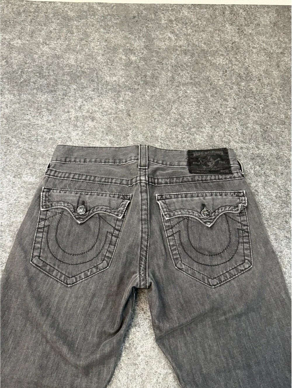 True Religion Billy Straight Leg Jeans Mens 32x28 Gray Black Made In USA Flap